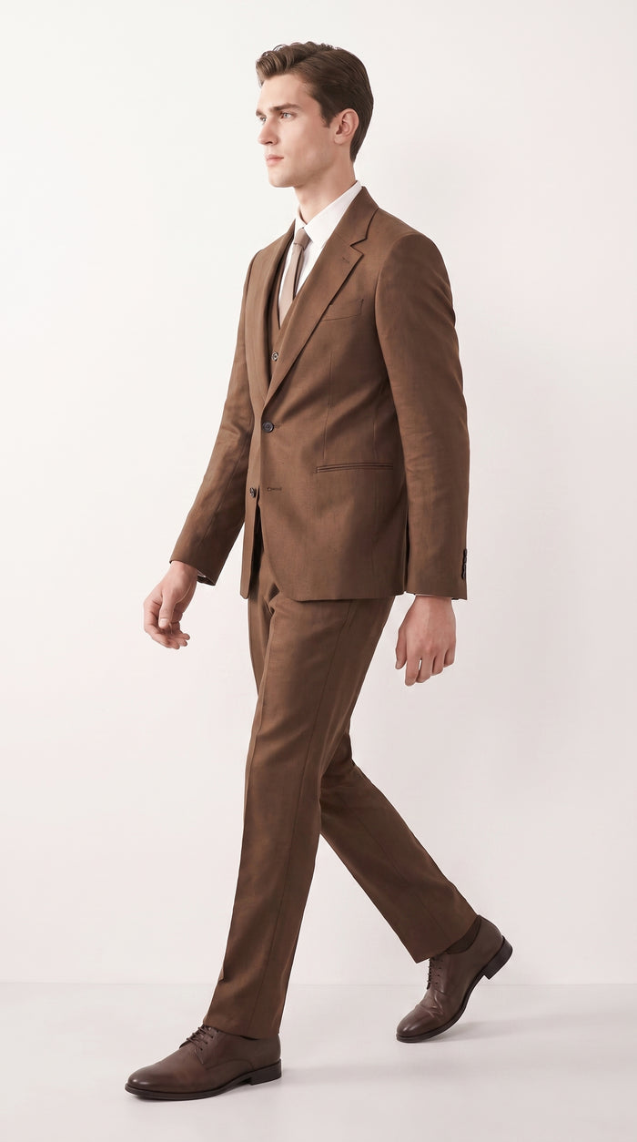Mens Chestnut Brown 3-Piece Suit – Two-Button Wedding, Business and Formal Suit with Vest Modern Fit