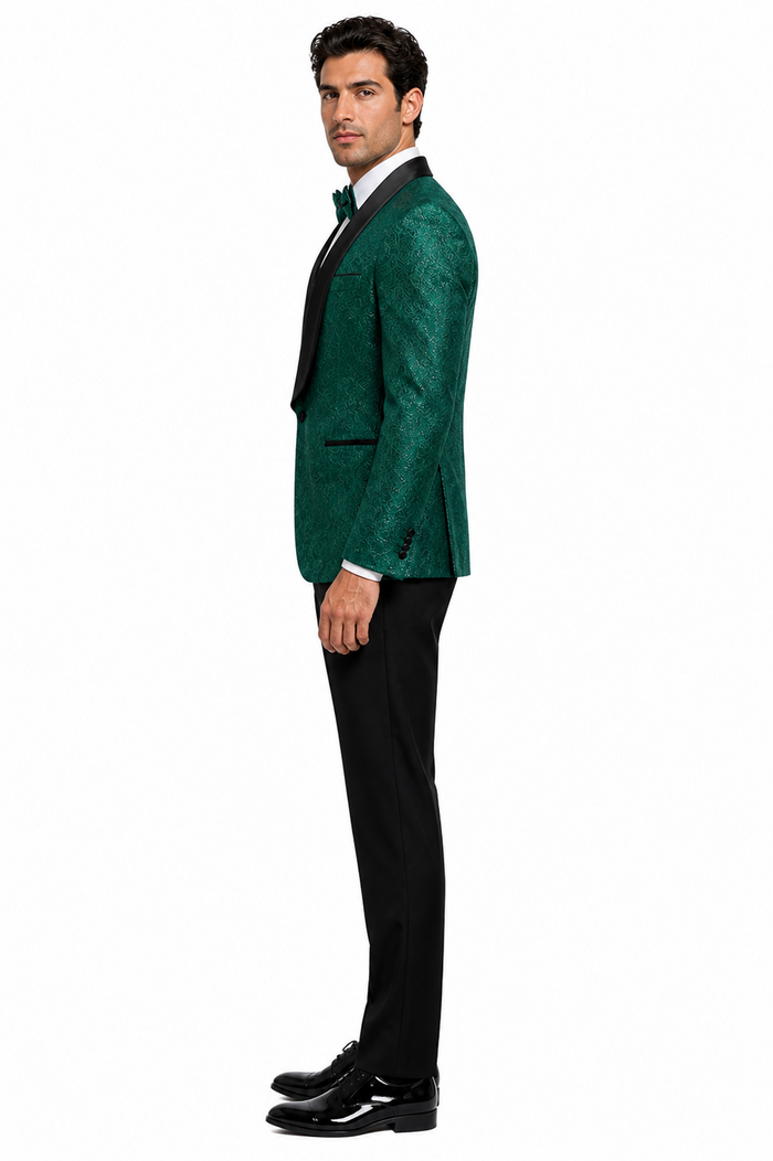 Mens Designer Hunter Green Tuxedo - Vested Floral Lace Wedding Outfit
