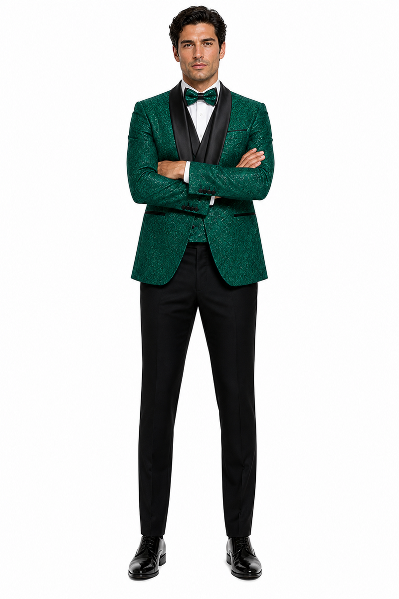 Mens Designer Hunter Green Tuxedo - Vested Floral Lace Wedding Outfit
