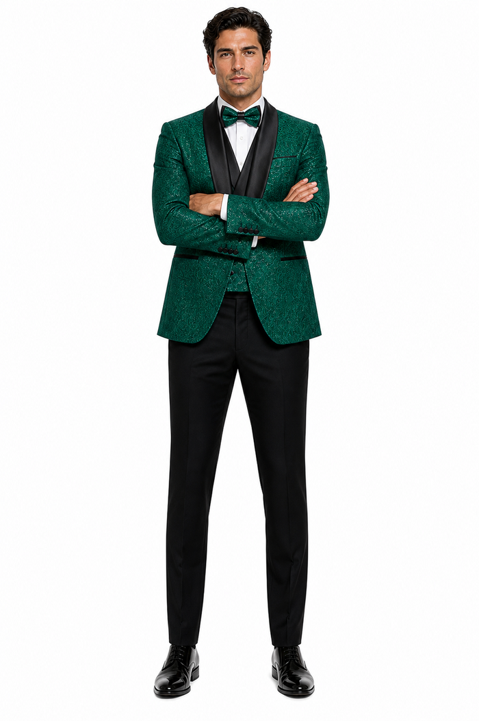 Mens Designer Hunter Green Tuxedo - Vested Floral Lace Wedding Outfit