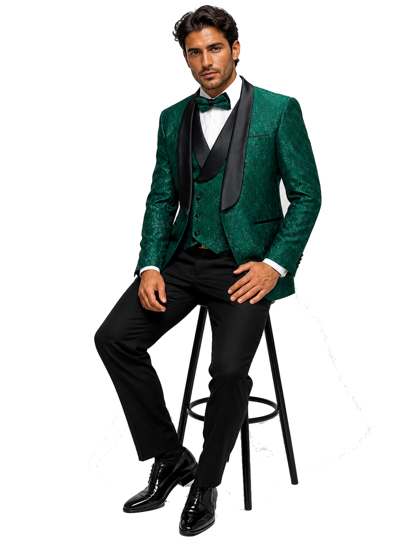 Mens Designer Hunter Green Tuxedo - Vested Floral Lace Wedding Outfit