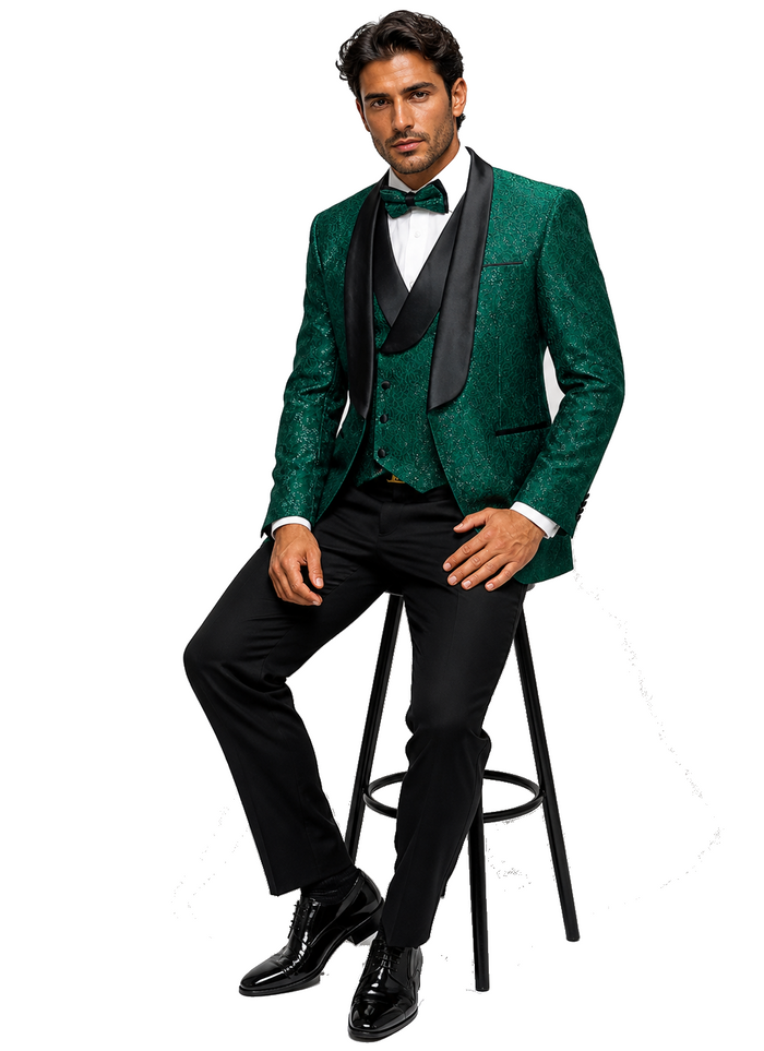 Mens Designer Hunter Green Tuxedo - Vested Floral Lace Wedding Outfit