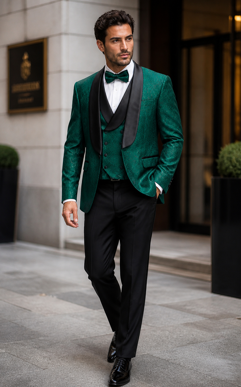 Mens Designer Hunter Green Tuxedo - Vested Floral Lace Wedding Outfit