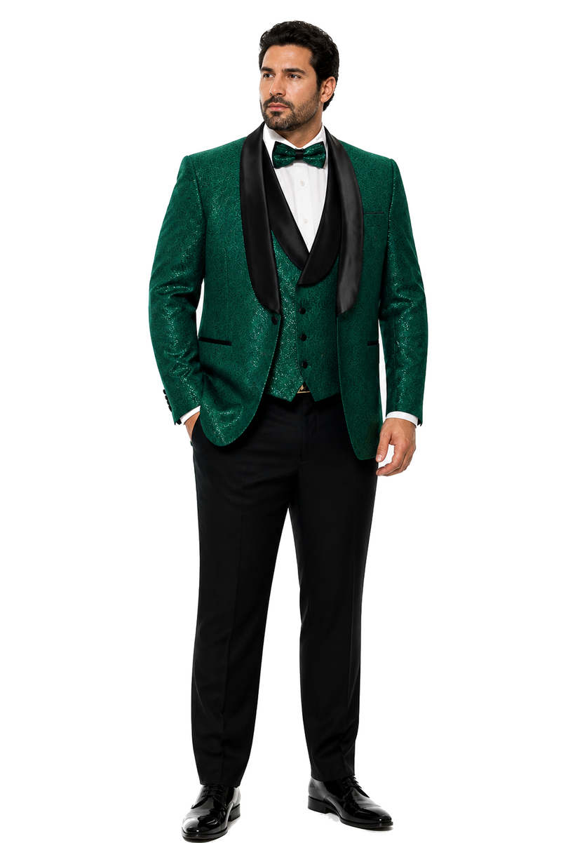 Mens Designer Hunter Green Tuxedo - Vested Floral Lace Wedding Outfit