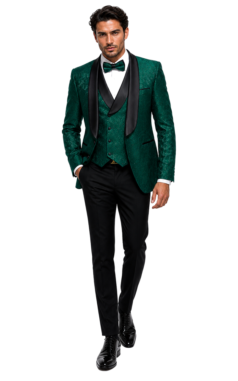 Mens Designer Hunter Green Tuxedo - Vested Floral Lace Wedding Outfit