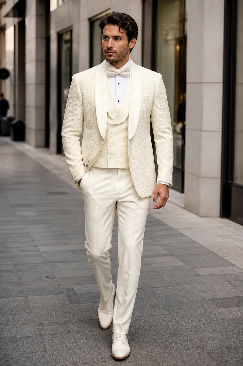 Mens Designer Ivory Tuxedo - Elegant Vested Floral Lace Wedding Suit