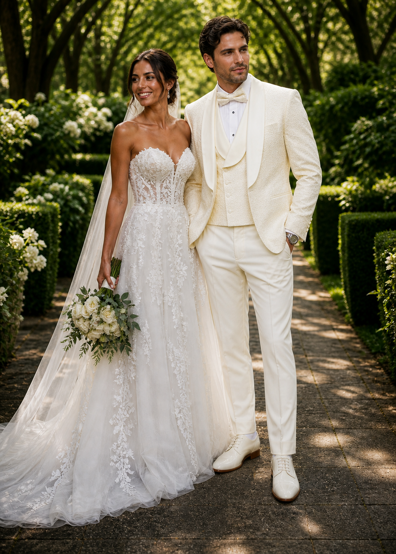 Mens Designer Ivory Tuxedo - Elegant Vested Floral Lace Wedding Suit