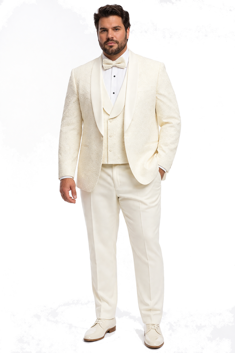 Mens Designer Ivory Tuxedo - Elegant Vested Floral Lace Wedding Suit