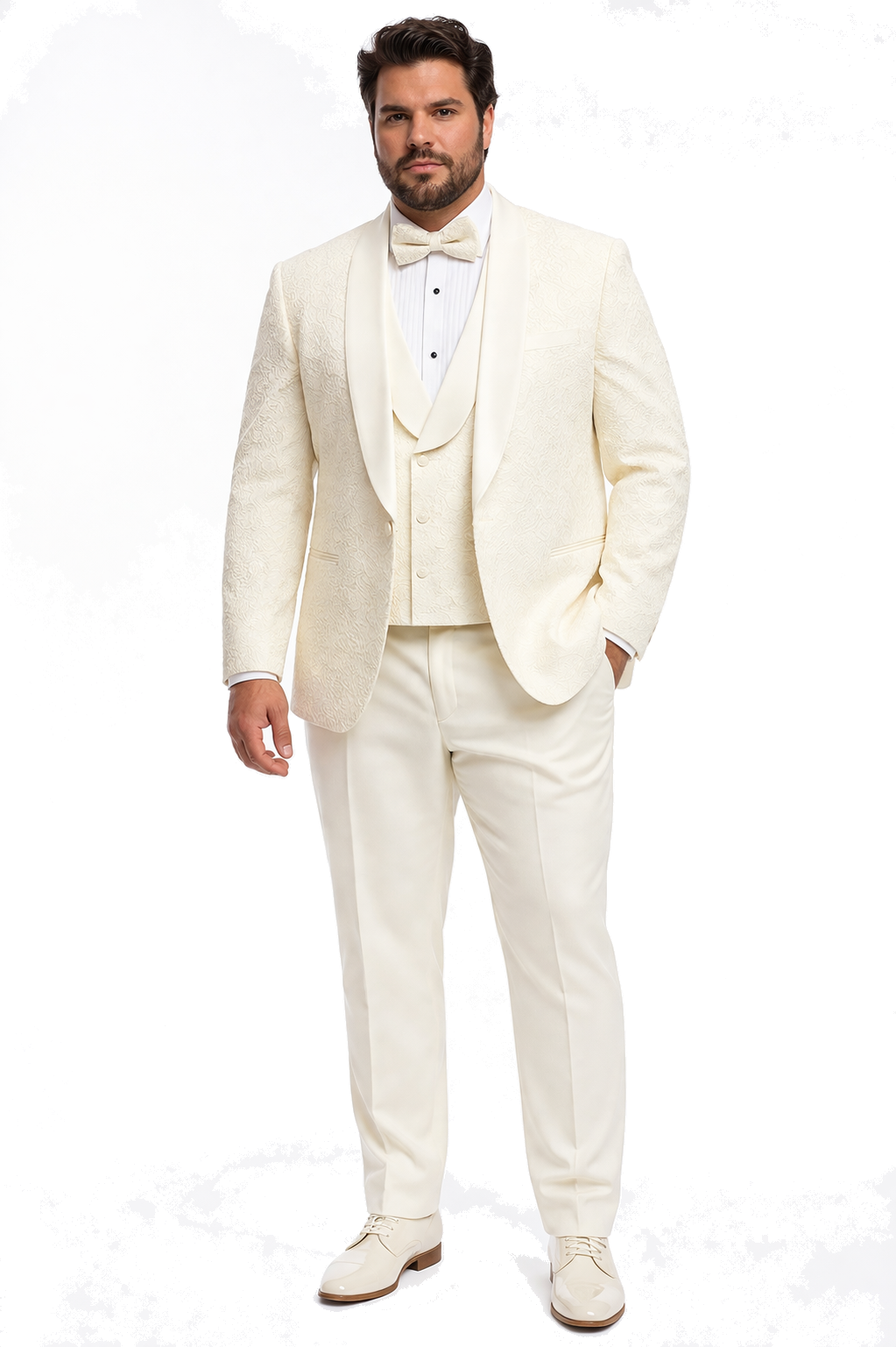 Mens Designer Ivory Tuxedo - Elegant Vested Floral Lace Wedding Suit
