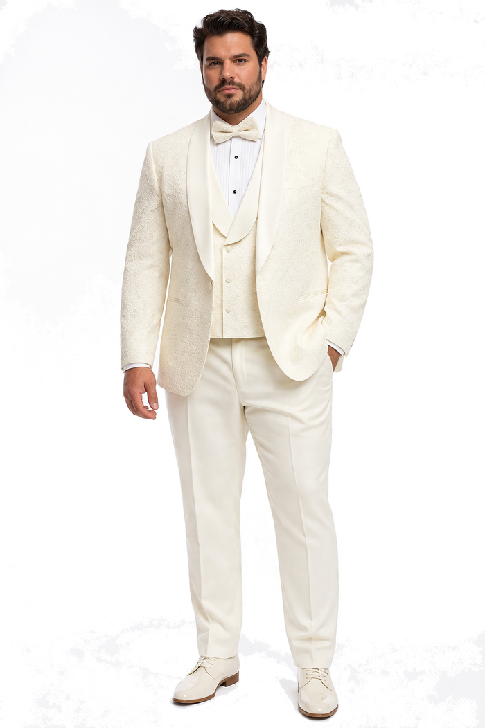 Mens Designer Ivory Tuxedo - Elegant Vested Floral Lace Wedding Suit