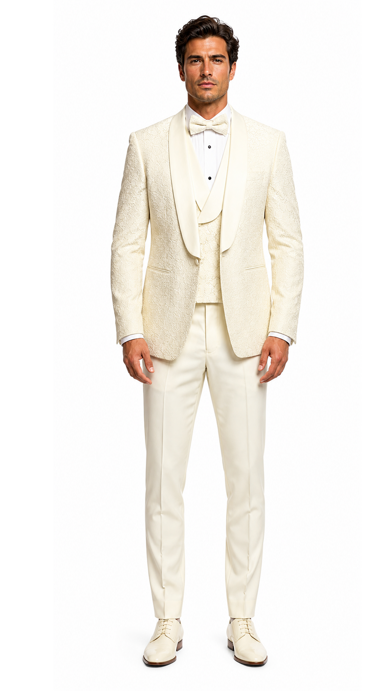 Mens Designer Ivory Tuxedo - Elegant Vested Floral Lace Wedding Suit