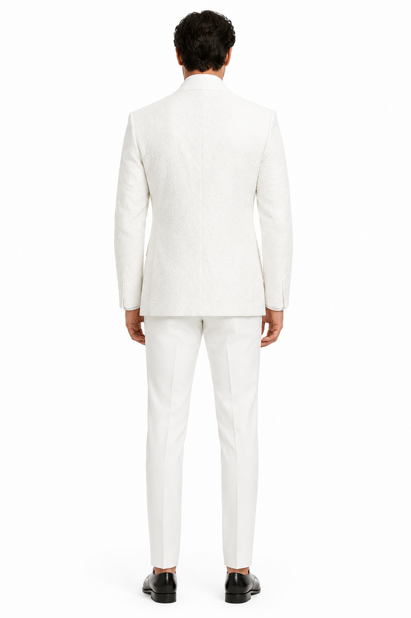 Mens Designer White Tuxedo - Elegant Vested Floral Lace Wedding Suit