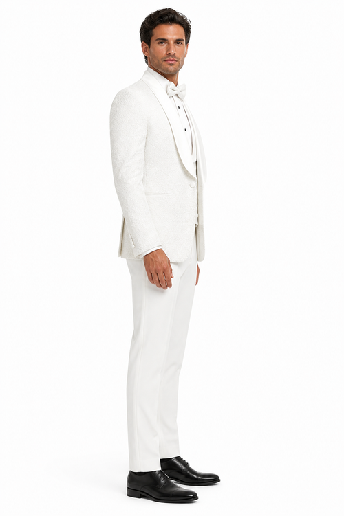 Mens Designer White Tuxedo - Elegant Vested Floral Lace Wedding Suit