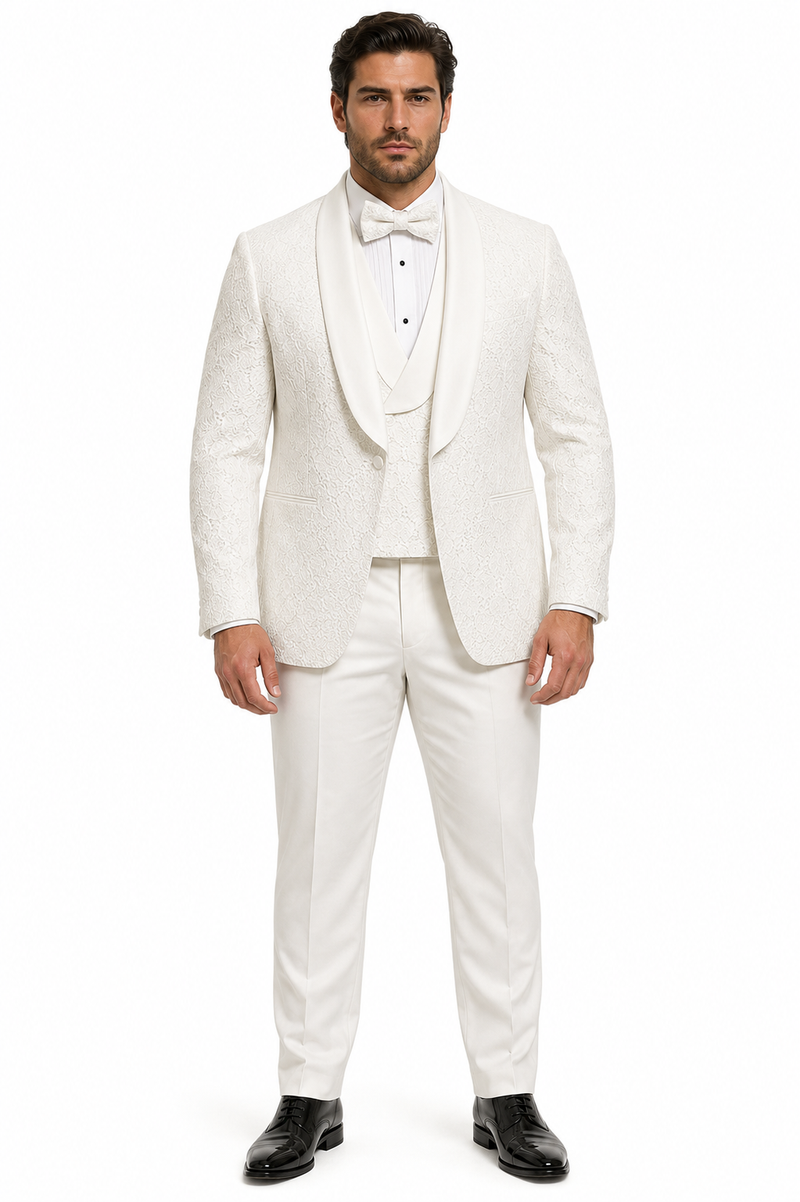 Mens Designer White Tuxedo - Elegant Vested Floral Lace Wedding Suit