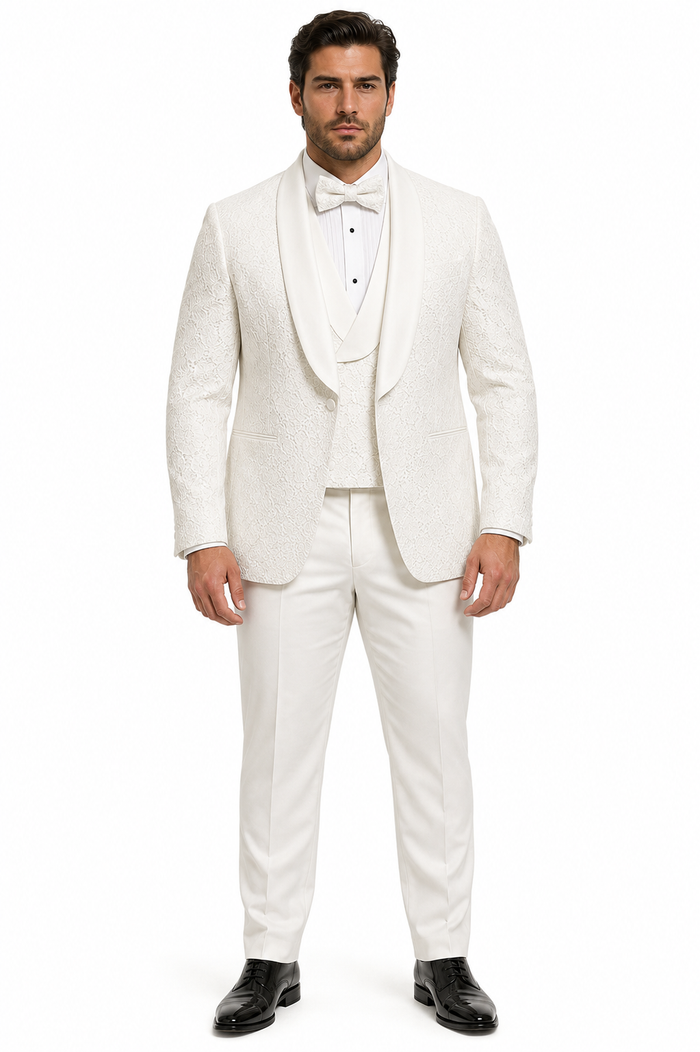 Mens Designer White Tuxedo - Elegant Vested Floral Lace Wedding Suit