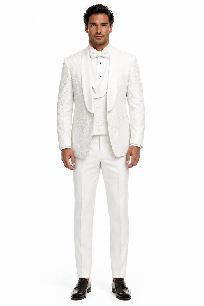 Mens Designer White Tuxedo - Elegant Vested Floral Lace Wedding Suit