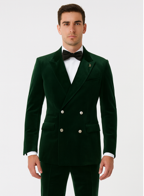 Mens Double Breasted Velvet Blazer - Green blazer