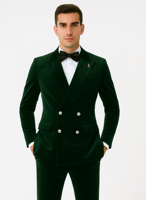 Mens Double Breasted Velvet Blazer - Green blazer