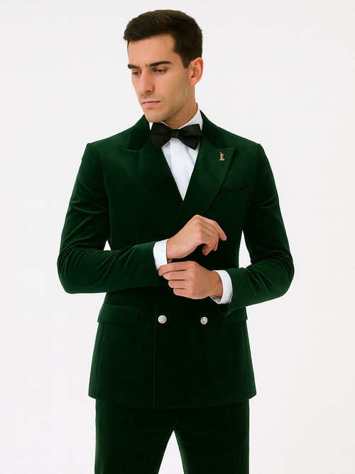 Mens Double Breasted Velvet Blazer - Green blazer