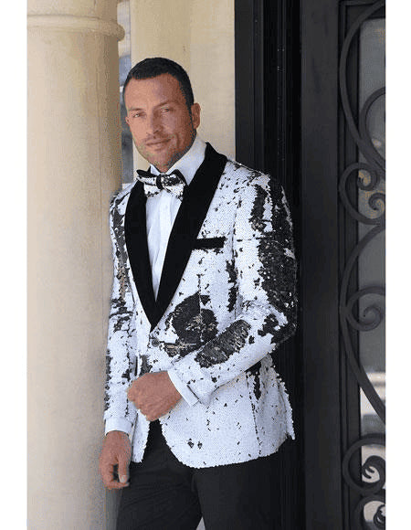 Men's Fashion Paisley Print Tuxedo Sequin ~ Shiny ~ Flashy ~ Shark Skin White Blazer Dinner Jacket - AlbertoNardoniStore