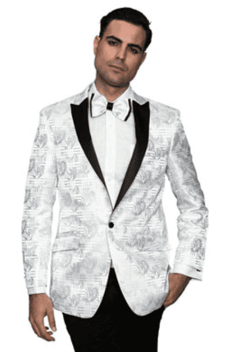 Men's Flashy Fancy Satin Shiny Tuxedo Dinner Jacket Blazer Paisley Sport Coat Silky Satin Stage Fancy Stage Party Dance White/Black - AlbertoNardoniStore