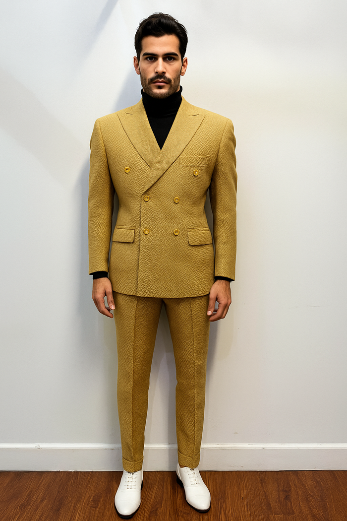 Mens Gold Double Breasted Suit - Classic 1920s Camel Color Formal Slim Fit Suit