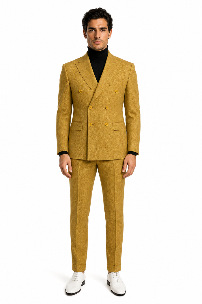 Mens Gold Double Breasted Suit - Classic 1920s Camel Color Formal Slim Fit Suit