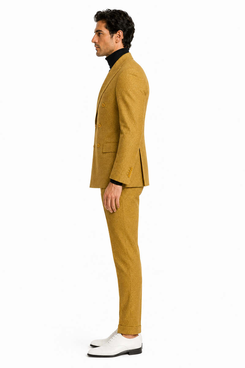 Mens Gold Double Breasted Suit - Classic 1920s Camel Color Formal Slim Fit Suit