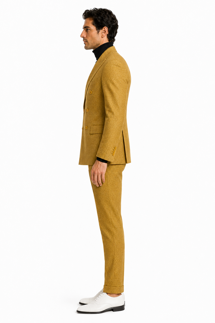 Mens Gold Double Breasted Suit - Classic 1920s Camel Color Formal Slim Fit Suit