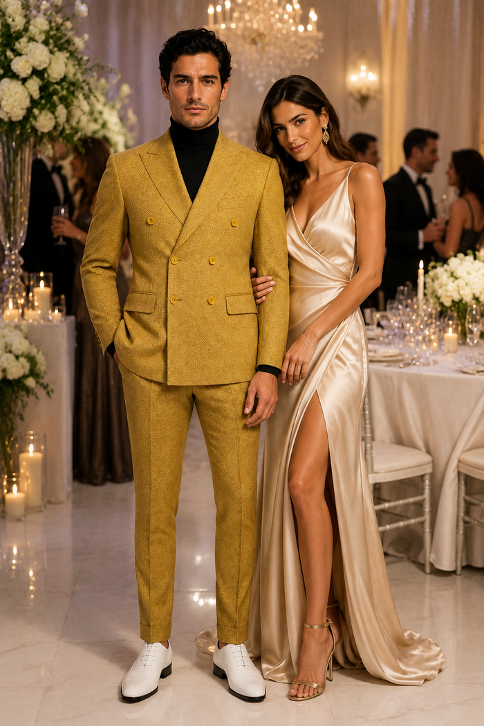 Mens Gold Double Breasted Suit - Classic 1920s Camel Color Formal Slim Fit Suit