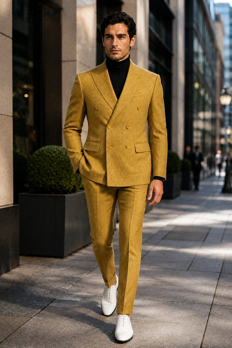 Mens Gold Double Breasted Suit - Classic 1920s Camel Color Formal Slim Fit Suit