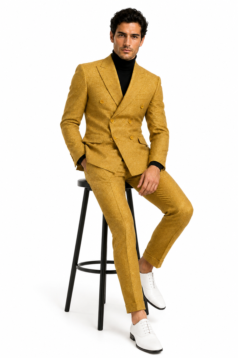 Mens Gold Double Breasted Suit - Classic 1920s Camel Color Formal Slim Fit Suit