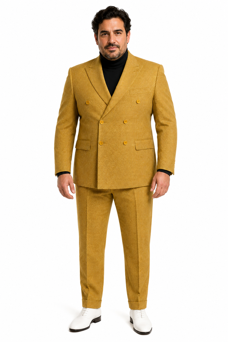 Mens Gold Double Breasted Suit - Classic 1920s Camel Color Formal Slim Fit Suit