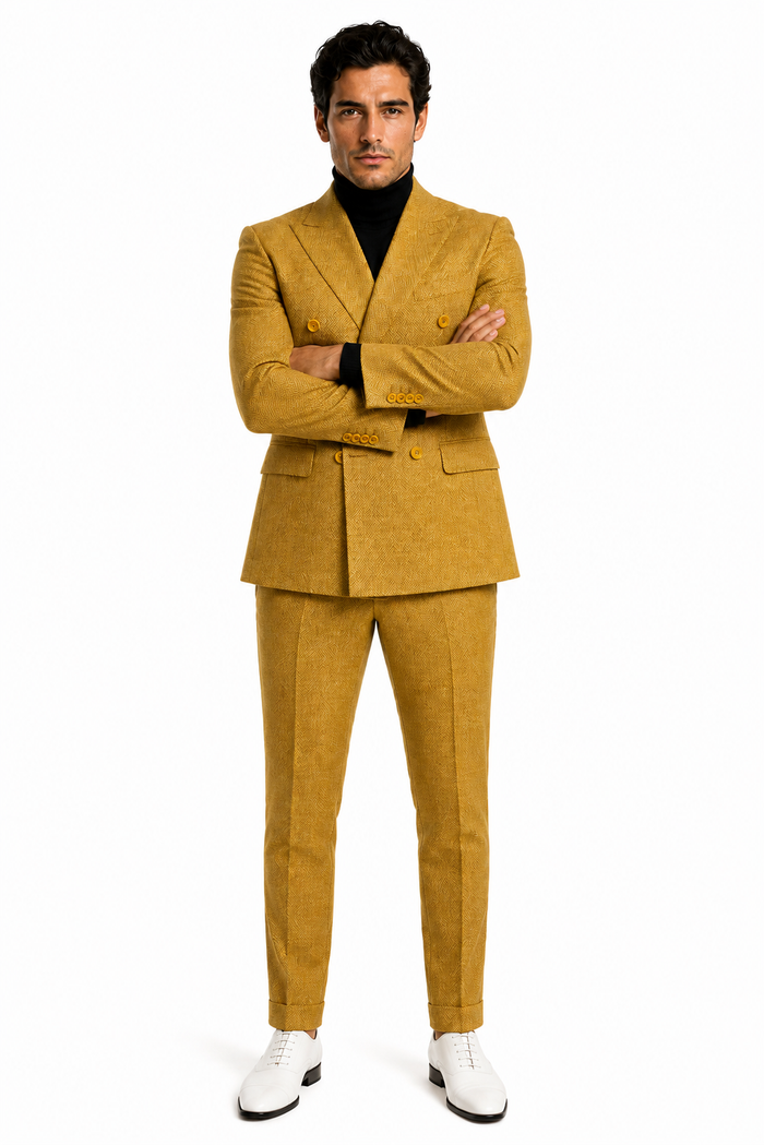 Mens Gold Double Breasted Suit - Classic 1920s Camel Color Formal Slim Fit Suit