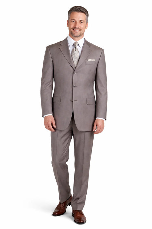 Men’s Great Gatsby Suit – 1920s Classic Fit Tan Banker Pinstripe 3 Button Suit