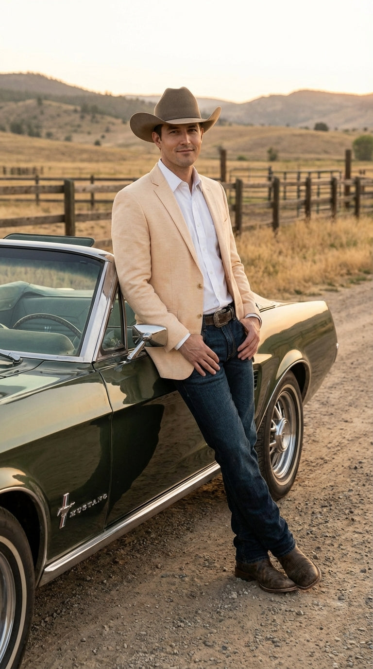 Men’s Light Tan Peachish Champaign Cowboy Blazer – Western Style Sport Coat Jacket for Country Wedding, Rodeo