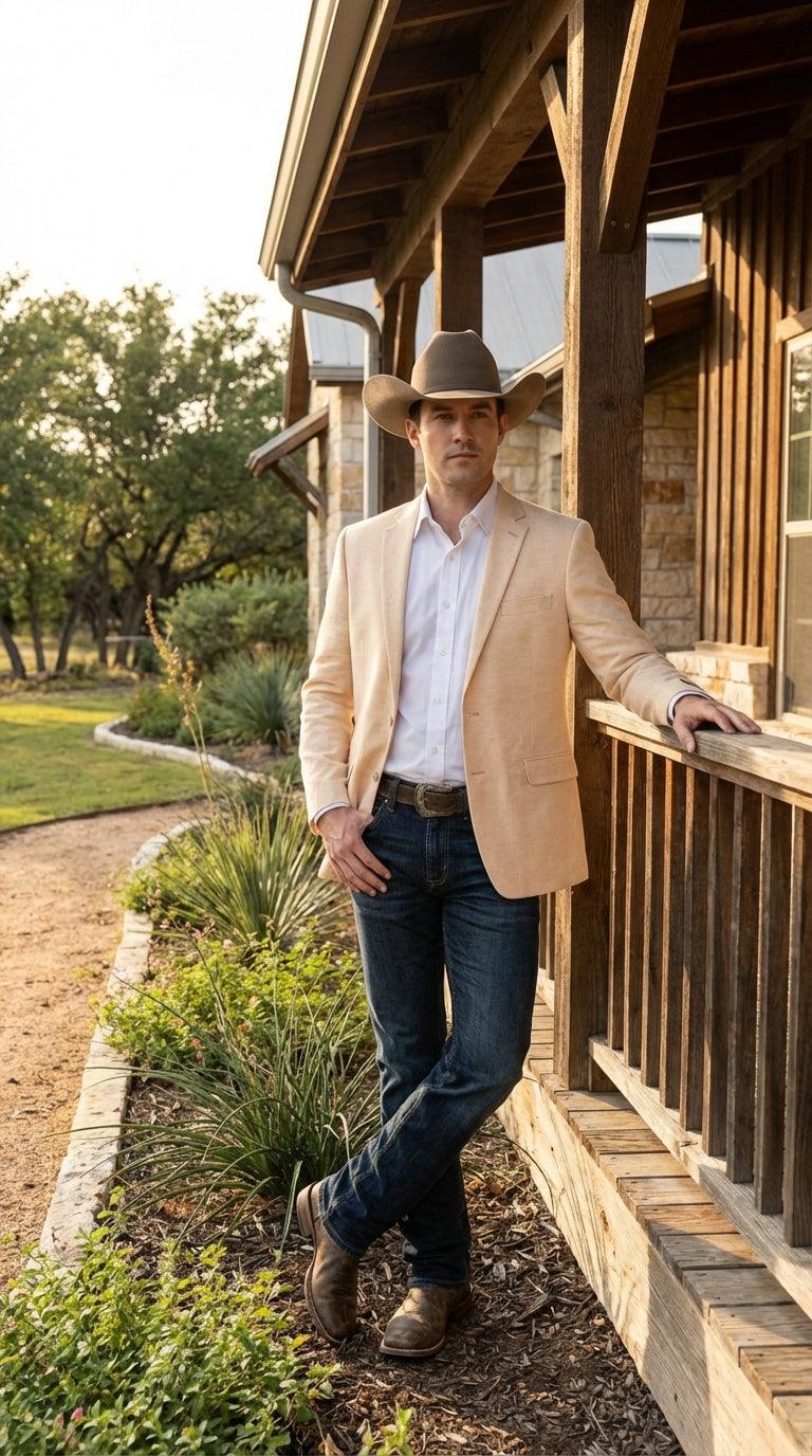 Men’s Light Tan Peachish Champaign Cowboy Blazer – Western Style Sport Coat Jacket for Country Wedding, Rodeo