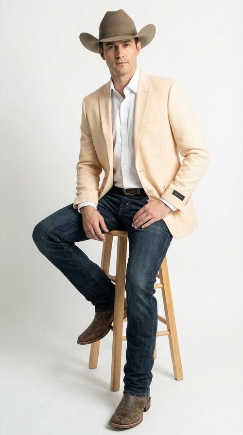 Men’s Light Tan Peachish Champaign Cowboy Blazer – Western Style Sport Coat Jacket for Country Wedding, Rodeo