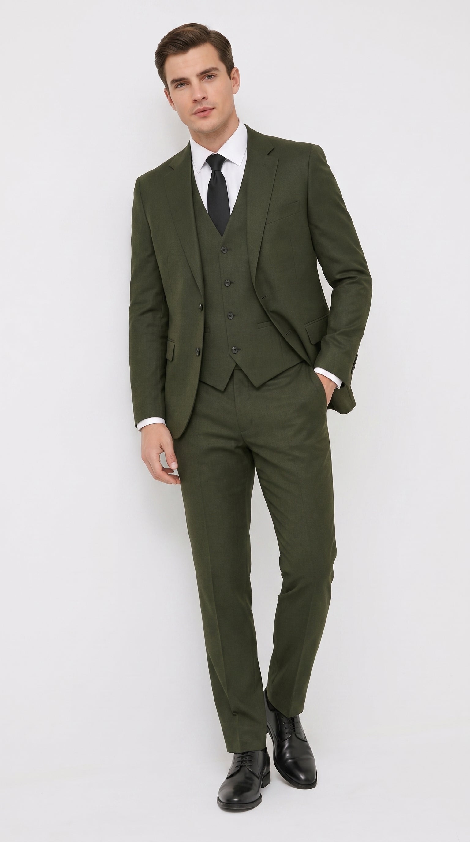 Men’s Military Green 3-Piece Suit – Slim Fit Wedding, Business & Formal Suit with Vested Set