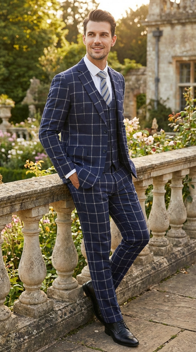 Men’s Navy Blue Windowpane Check Three Piece Suit – Modern Plaid Formal Vested Suit