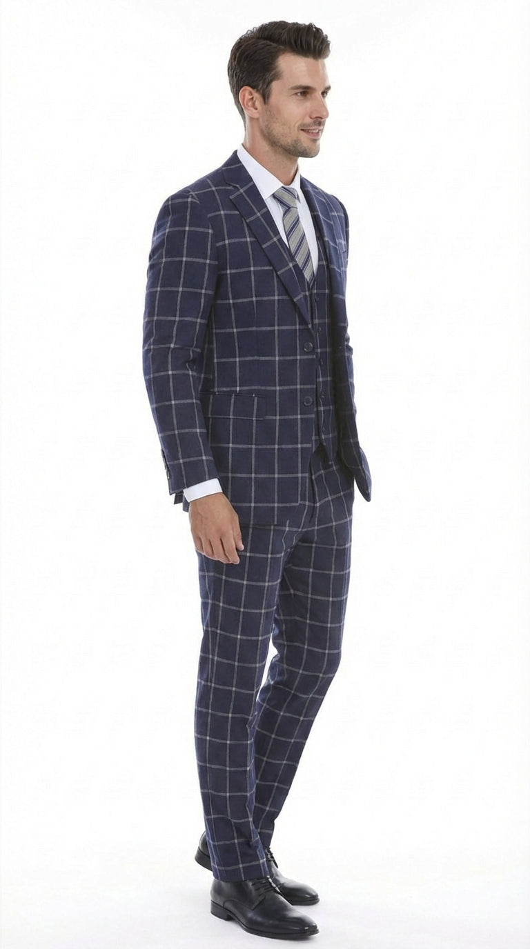 Men’s Navy Blue Windowpane Check Three Piece Suit – Modern Plaid Formal Vested Suit