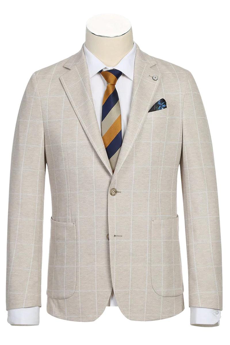 Men's light tan beige sport coat. Half canvas, unconstructed, windowpane plaid. Two-button closure, notched lapels, two pockets. Lighter fabric for a relaxed fit.
