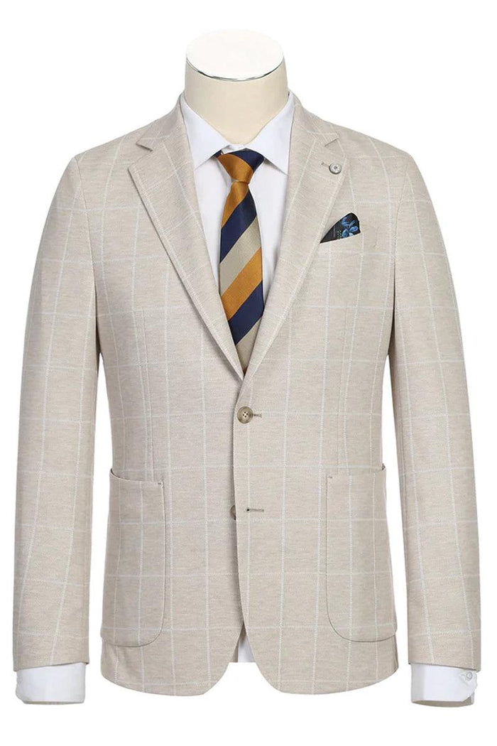 Men's light tan beige sport coat. Half canvas, unconstructed, windowpane plaid. Two-button closure, notched lapels, two pockets. Lighter fabric for a relaxed fit.
