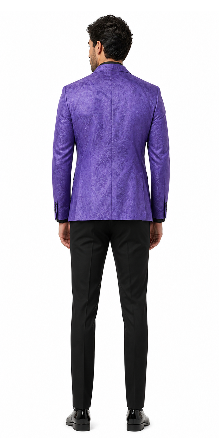 Mens Purple Paisley Tuxedo Suit - 3 Piece Formal Set with Vest and Bow Tie