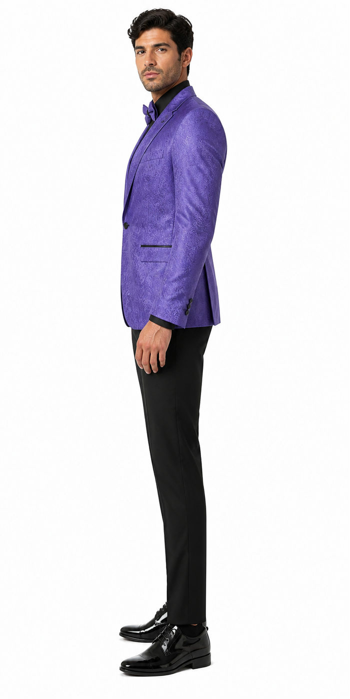 Mens Purple Paisley Tuxedo Suit - 3 Piece Formal Set with Vest and Bow Tie