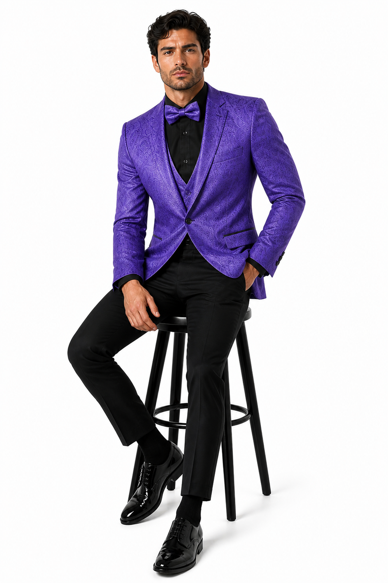 Mens Purple Paisley Tuxedo Suit - 3 Piece Formal Set with Vest and Bow Tie