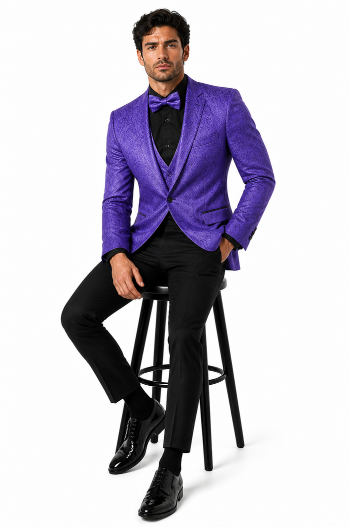 Mens Purple Paisley Tuxedo Suit - 3 Piece Formal Set with Vest and Bow Tie