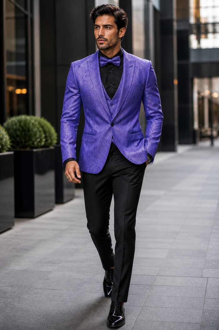 Mens Purple Paisley Tuxedo Suit - 3 Piece Formal Set with Vest and Bow Tie