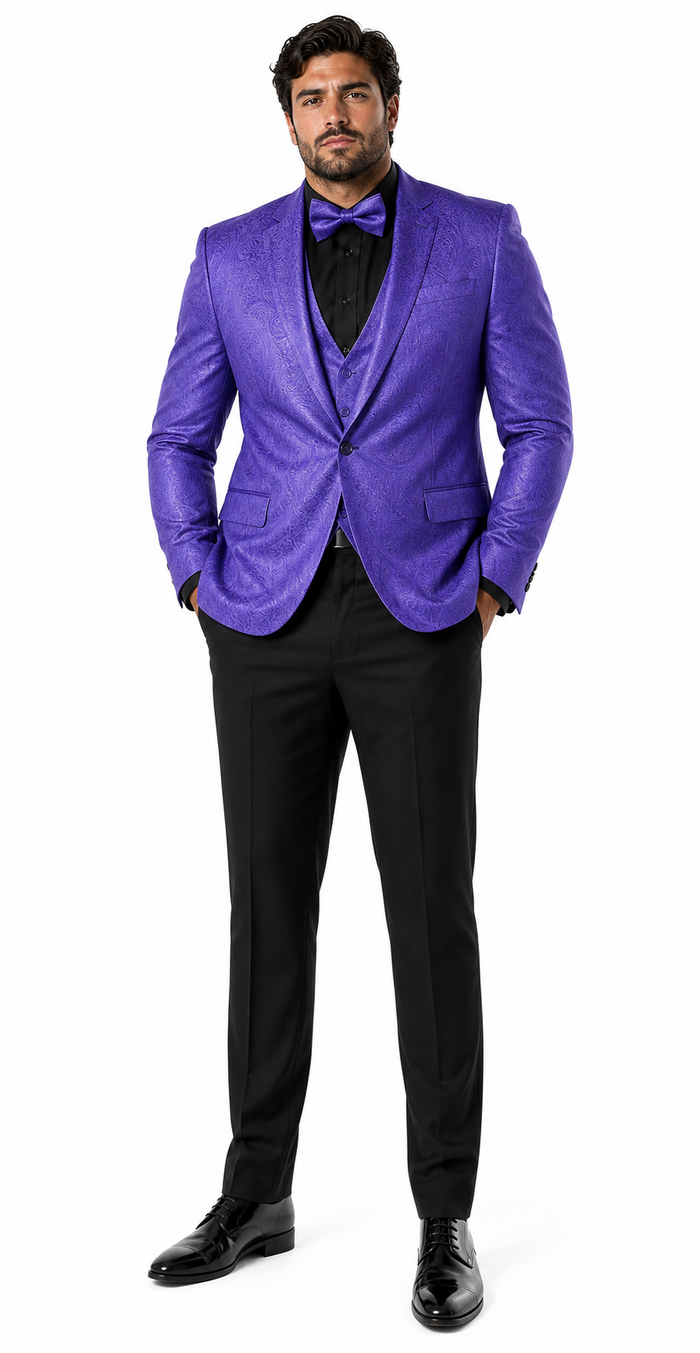 Mens Purple Paisley Tuxedo Suit - 3 Piece Formal Set with Vest and Bow Tie