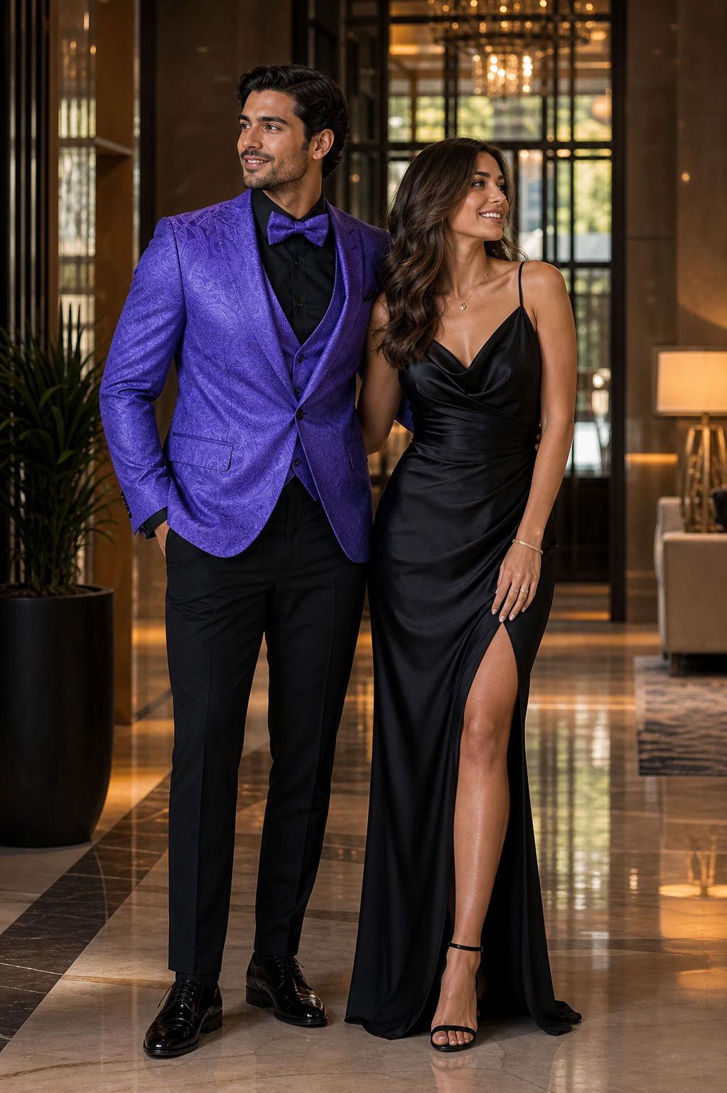 Mens Purple Paisley Tuxedo Suit - 3 Piece Formal Set with Vest and Bow Tie